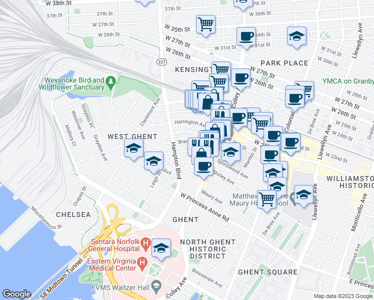 map of restaurants, bars, coffee shops, grocery stores, and more near 910 Spotswood Avenue in Norfolk