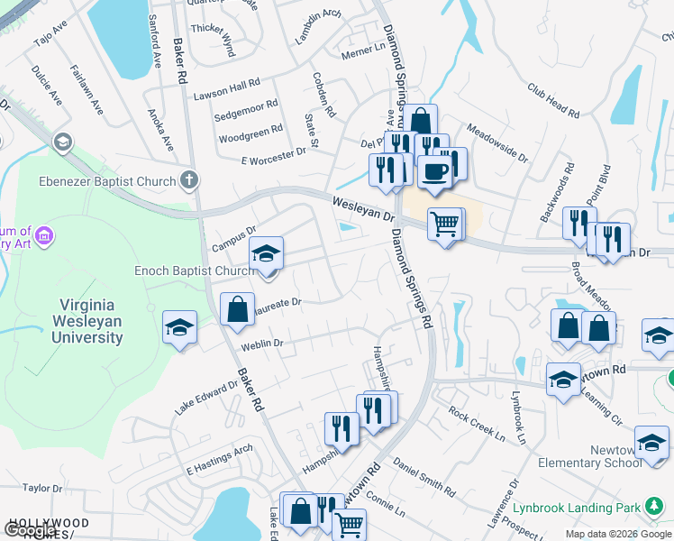 map of restaurants, bars, coffee shops, grocery stores, and more near 5557 Frog Pond Lane in Virginia Beach