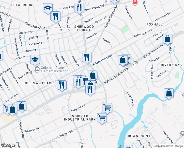map of restaurants, bars, coffee shops, grocery stores, and more near 1573 Sewells Point Road in Norfolk