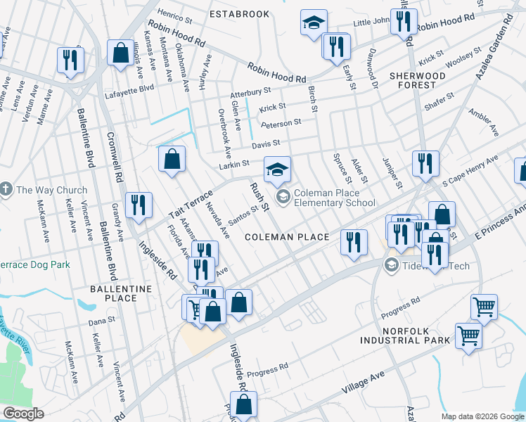 map of restaurants, bars, coffee shops, grocery stores, and more near 2505 Rush Street in Norfolk