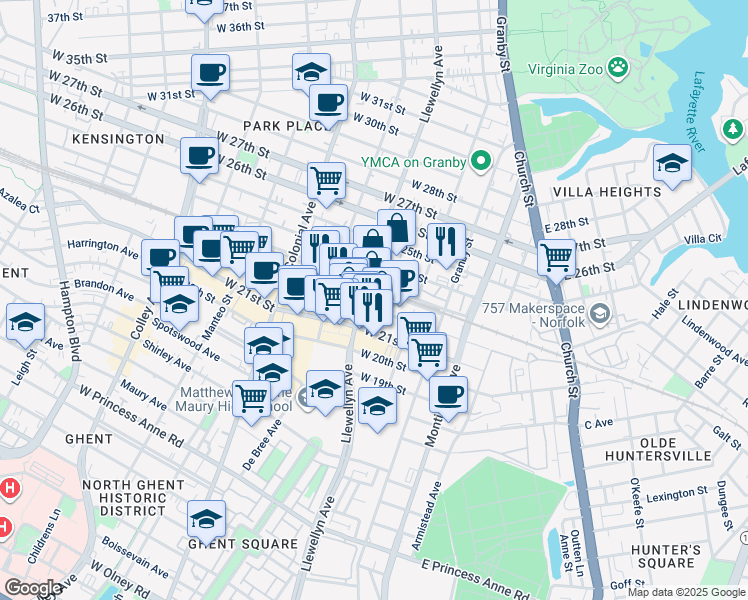 map of restaurants, bars, coffee shops, grocery stores, and more near 2202 Llewellyn Avenue in Norfolk