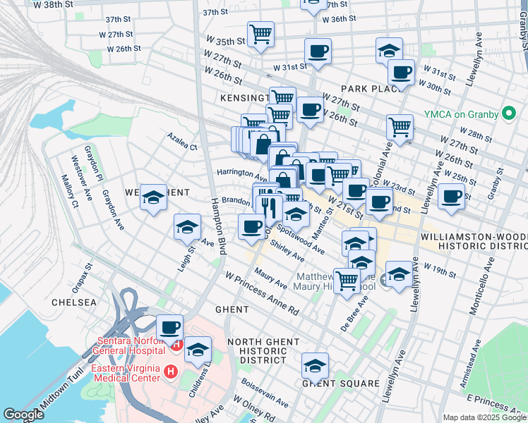 map of restaurants, bars, coffee shops, grocery stores, and more near 816 Gates Avenue in Norfolk