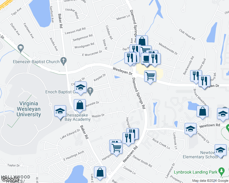 map of restaurants, bars, coffee shops, grocery stores, and more near 5511 Professor Court in Virginia Beach