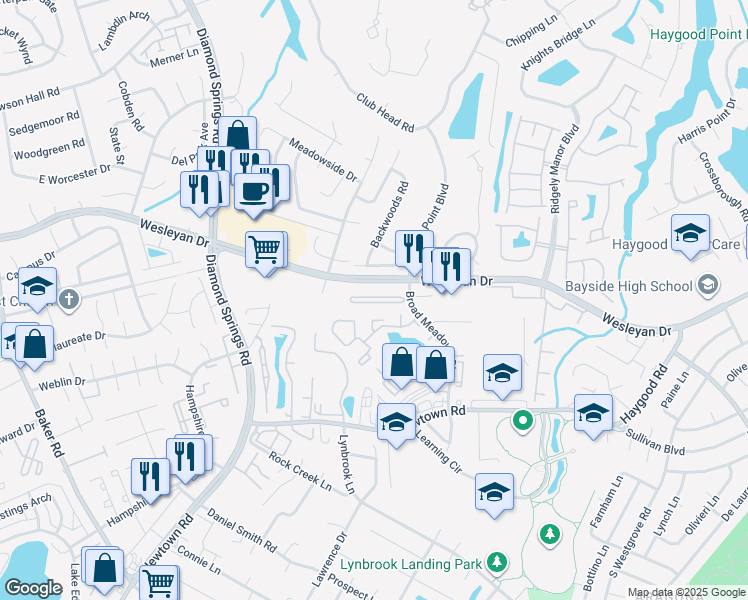 map of restaurants, bars, coffee shops, grocery stores, and more near 5305 Justin Court in Virginia Beach