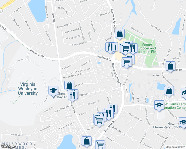 map of restaurants, bars, coffee shops, grocery stores, and more near 5435 Campus Drive in Virginia Beach