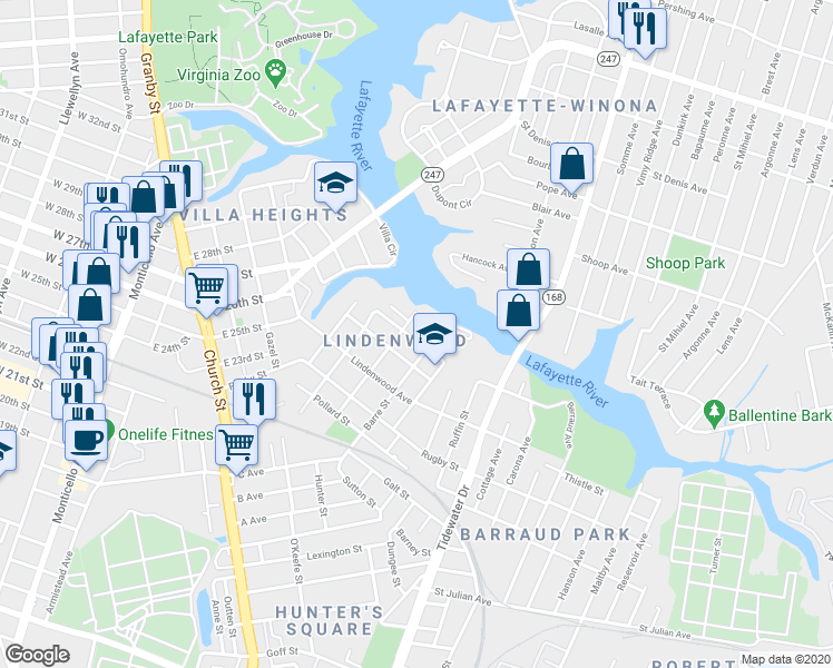 map of restaurants, bars, coffee shops, grocery stores, and more near 912 Summit Avenue in Norfolk