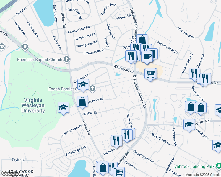map of restaurants, bars, coffee shops, grocery stores, and more near 5435 Campus Drive in Virginia Beach