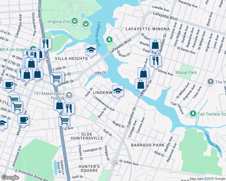 map of restaurants, bars, coffee shops, grocery stores, and more near 912 Summit Avenue in Norfolk