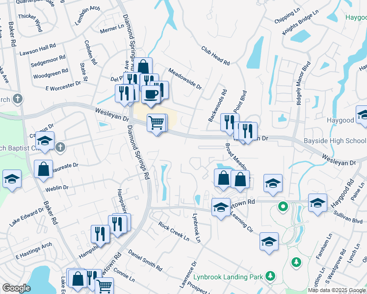 map of restaurants, bars, coffee shops, grocery stores, and more near 5417 Wesleyan Drive in Virginia Beach