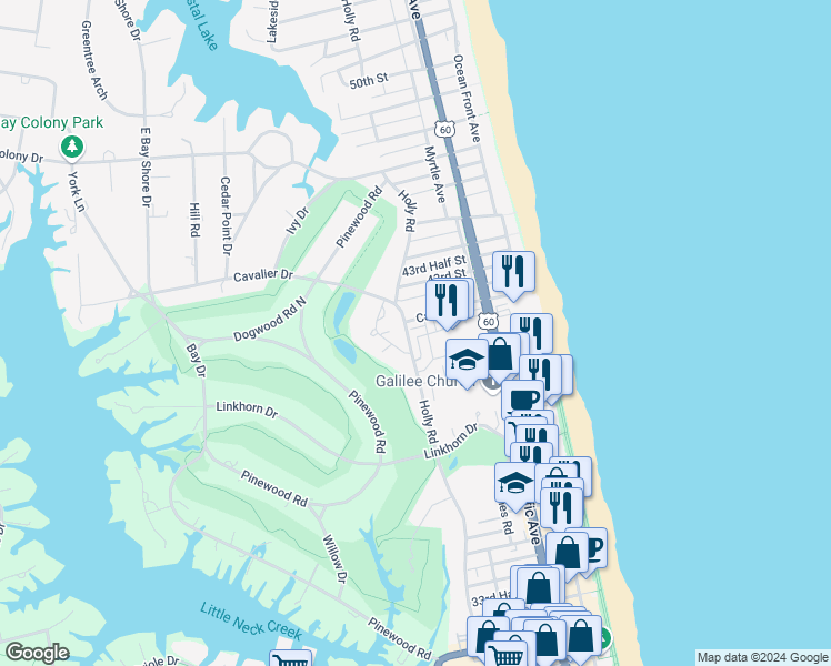 map of restaurants, bars, coffee shops, grocery stores, and more near 340 Dorsey Lane in Virginia Beach