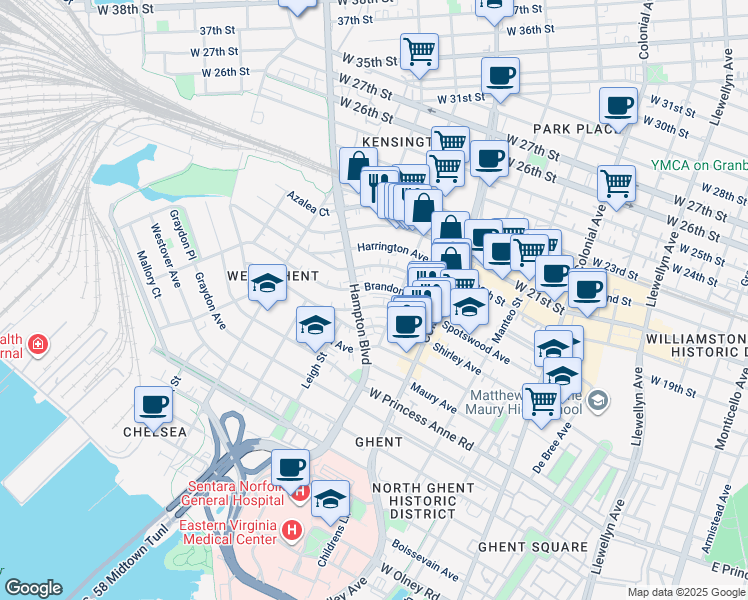 map of restaurants, bars, coffee shops, grocery stores, and more near 912 Spotswood Avenue in Norfolk