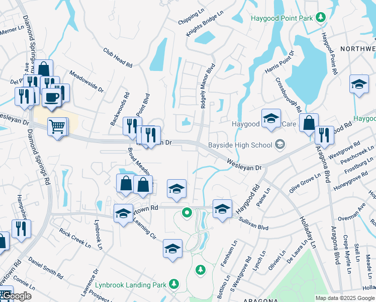 map of restaurants, bars, coffee shops, grocery stores, and more near 5329 Warminster Drive in Virginia Beach