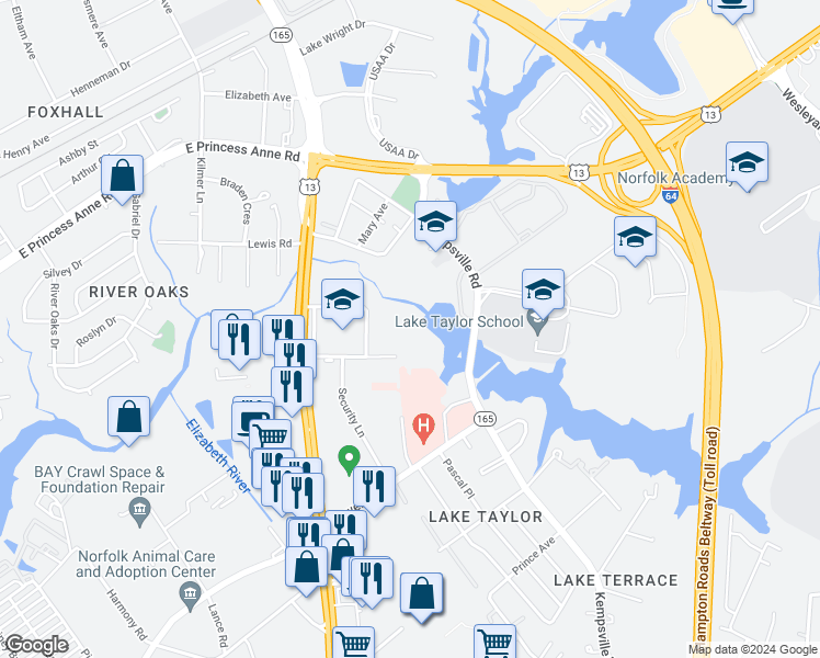 map of restaurants, bars, coffee shops, grocery stores, and more near 5850 Lake Herbert Drive in Norfolk