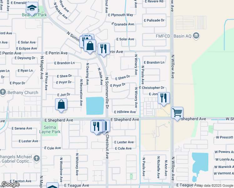 map of restaurants, bars, coffee shops, grocery stores, and more near 2573 East Pryor Drive in Fresno