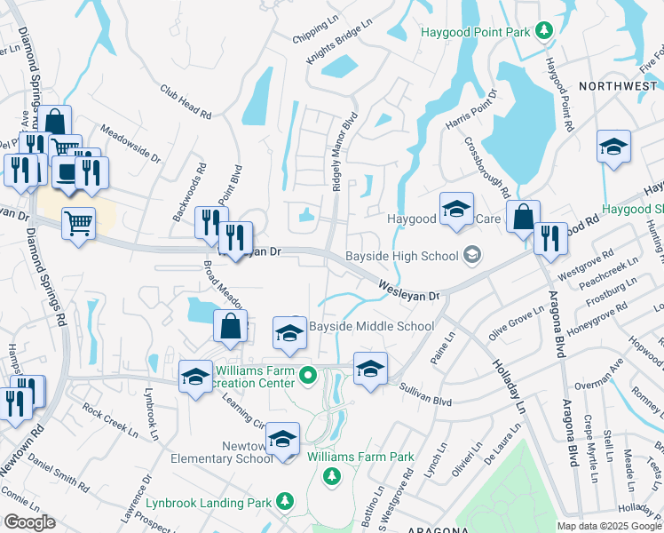 map of restaurants, bars, coffee shops, grocery stores, and more near 5300 Warminster Drive in Virginia Beach