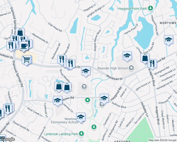 map of restaurants, bars, coffee shops, grocery stores, and more near 5321 Warminster Drive in Virginia Beach