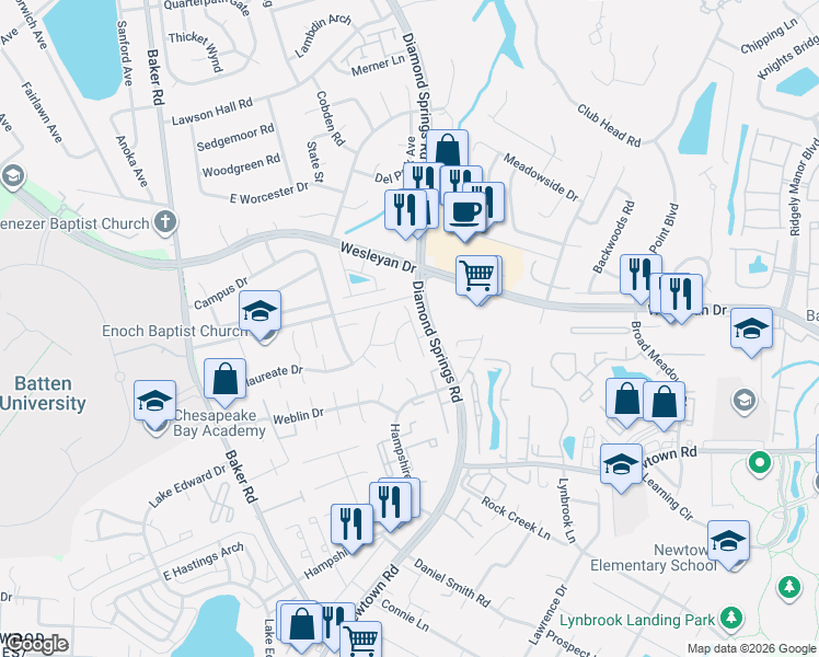 map of restaurants, bars, coffee shops, grocery stores, and more near 5507 Baccalaureate Drive in Virginia Beach
