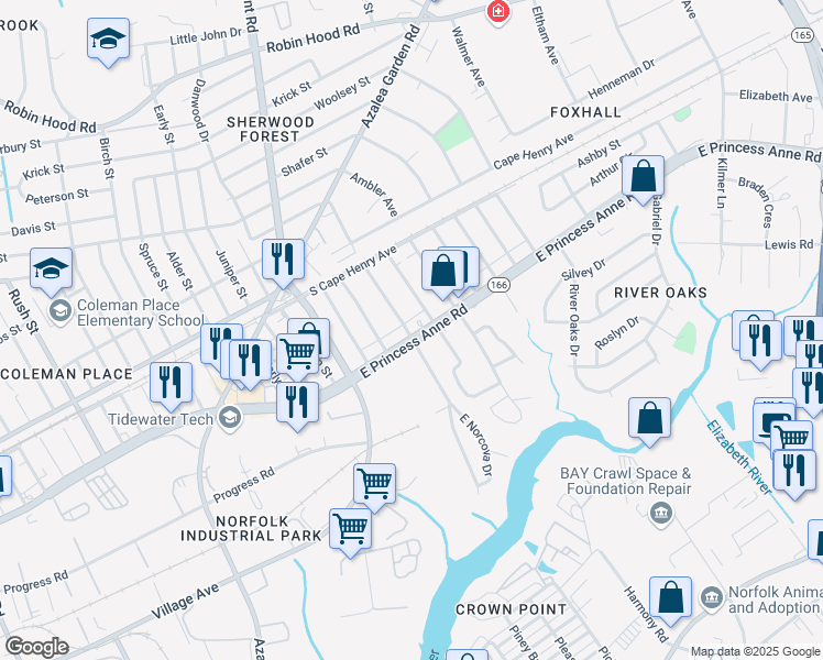 map of restaurants, bars, coffee shops, grocery stores, and more near 1517 Shelton Avenue in Norfolk