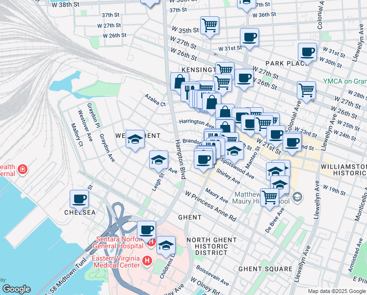 map of restaurants, bars, coffee shops, grocery stores, and more near 1702 Hampton Boulevard in Norfolk