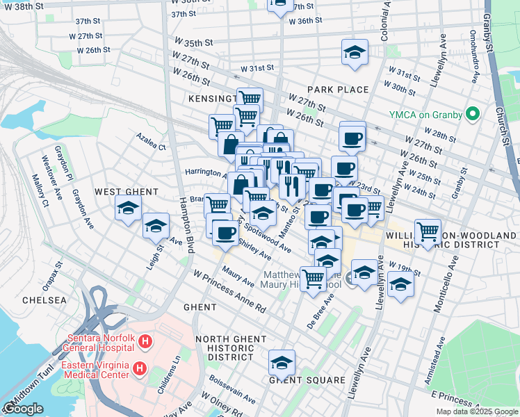 map of restaurants, bars, coffee shops, grocery stores, and more near 742 Washington Park in Norfolk