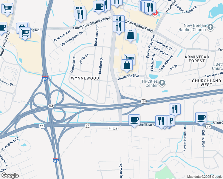 map of restaurants, bars, coffee shops, grocery stores, and more near 6000 Old College Drive in Suffolk