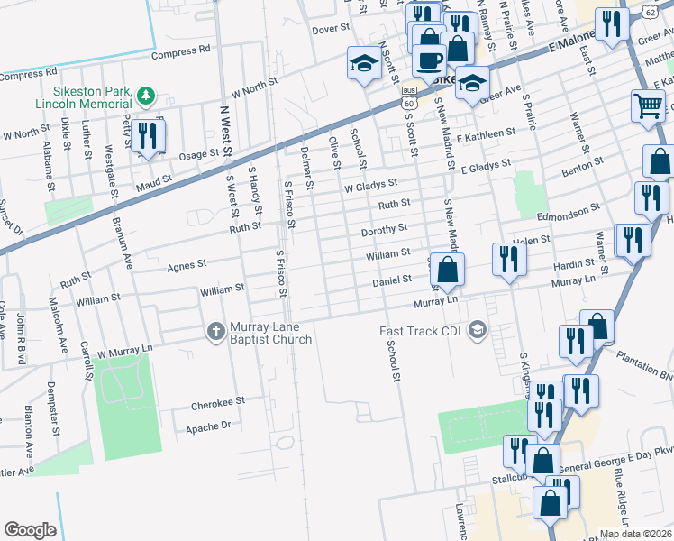 map of restaurants, bars, coffee shops, grocery stores, and more near 406 William Street in Sikeston