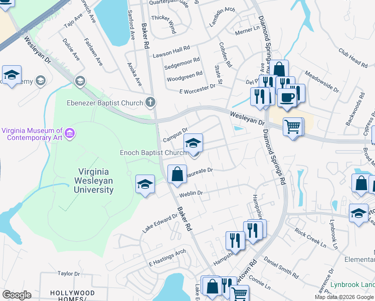 map of restaurants, bars, coffee shops, grocery stores, and more near 913 Wolfpack Court in Virginia Beach