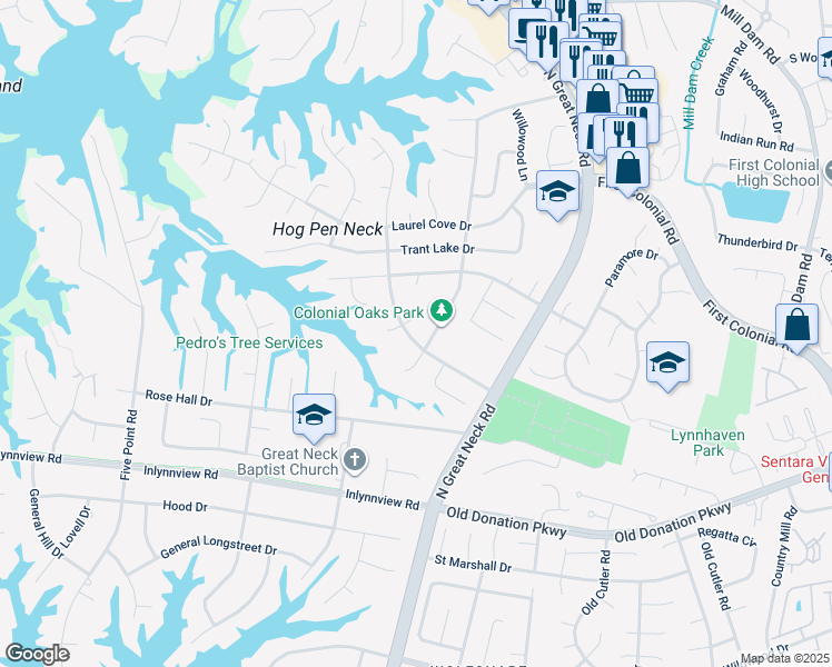 map of restaurants, bars, coffee shops, grocery stores, and more near 1258 Meadow Lake Road in Virginia Beach