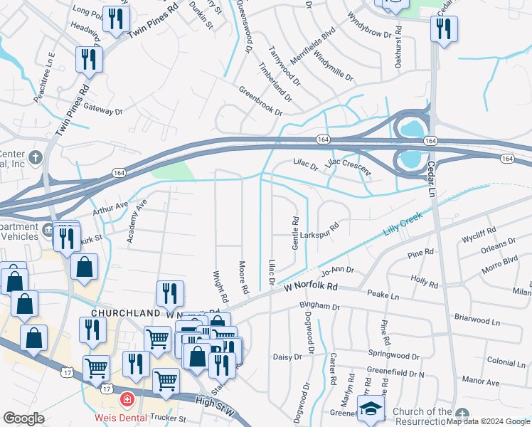 map of restaurants, bars, coffee shops, grocery stores, and more near 3608 Lilac Drive in Portsmouth