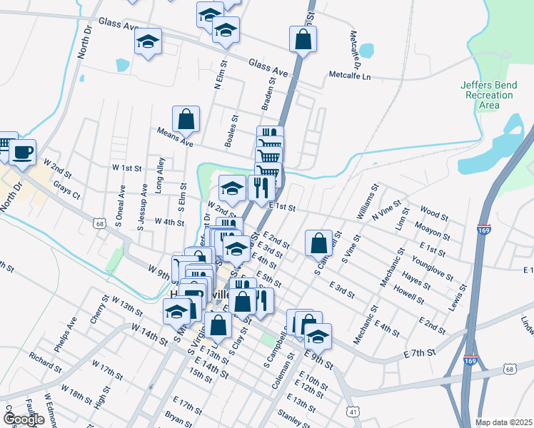 map of restaurants, bars, coffee shops, grocery stores, and more near 137 South Virginia Street in Hopkinsville