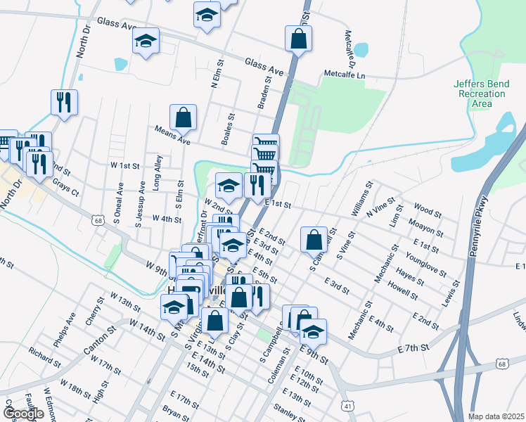 map of restaurants, bars, coffee shops, grocery stores, and more near 137 South Virginia Street in Hopkinsville