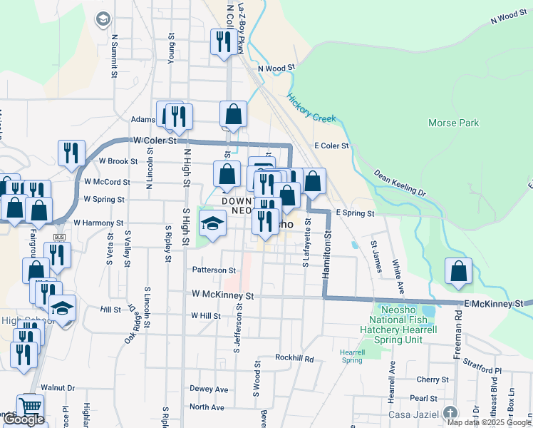 map of restaurants, bars, coffee shops, grocery stores, and more near 124 South Wood Street in Neosho
