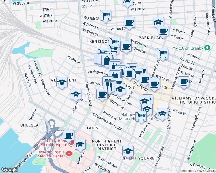 map of restaurants, bars, coffee shops, grocery stores, and more near 810 Brandon Avenue in Norfolk