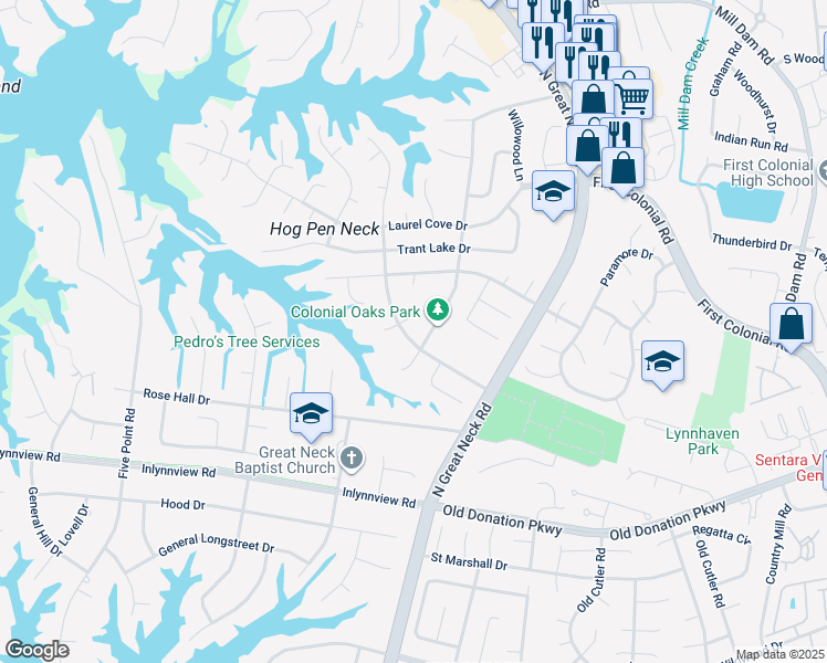 map of restaurants, bars, coffee shops, grocery stores, and more near 1258 Meadow Lake Road in Virginia Beach