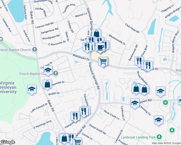 map of restaurants, bars, coffee shops, grocery stores, and more near 850 Tuition Drive in Virginia Beach