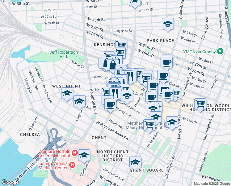 map of restaurants, bars, coffee shops, grocery stores, and more near 808 Brandon Avenue in Norfolk