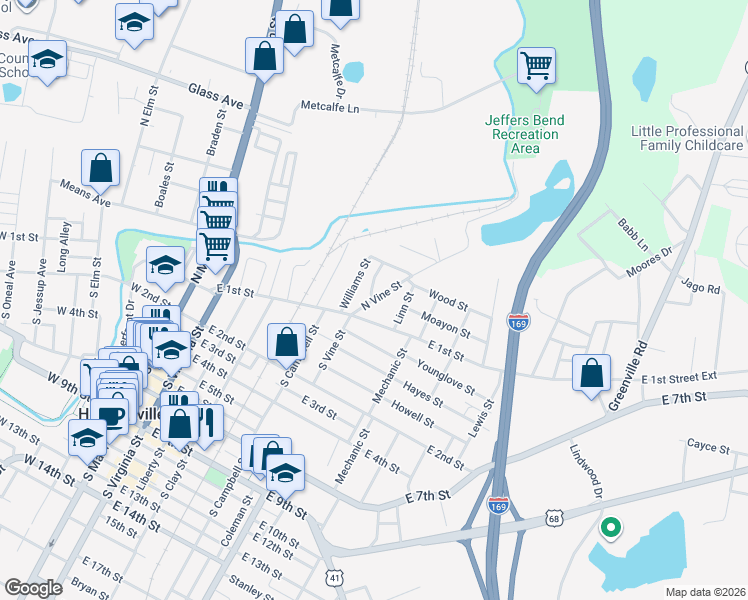 map of restaurants, bars, coffee shops, grocery stores, and more near 120 North Vine Street in Hopkinsville