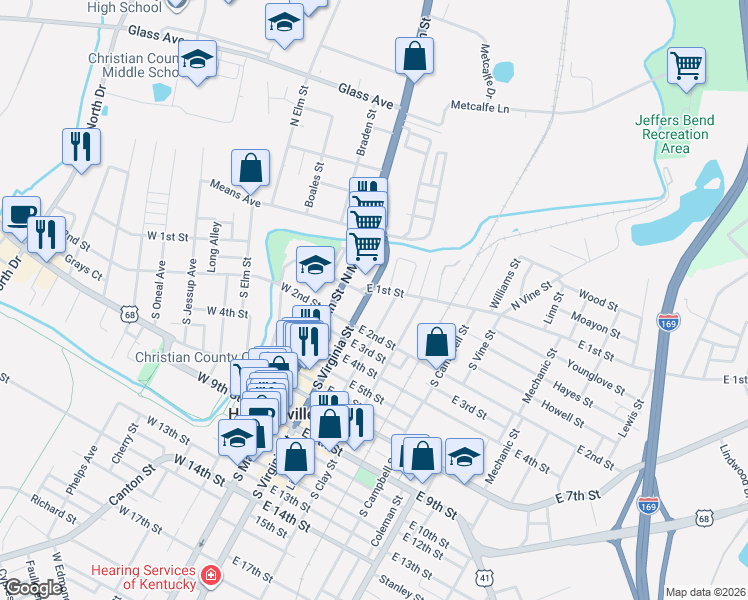 map of restaurants, bars, coffee shops, grocery stores, and more near 100-132 North Virginia Street in Hopkinsville