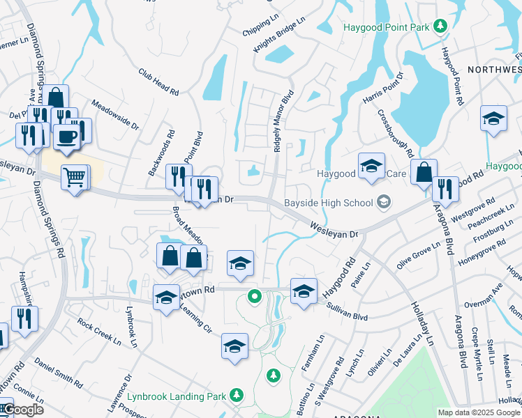 map of restaurants, bars, coffee shops, grocery stores, and more near 5317 Warminster Drive in Virginia Beach