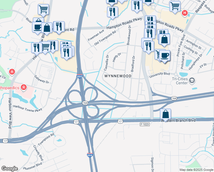 map of restaurants, bars, coffee shops, grocery stores, and more near 4621 Camellia Drive in Suffolk