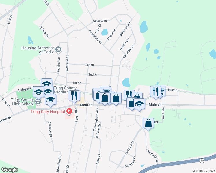 map of restaurants, bars, coffee shops, grocery stores, and more near 74 Wharton Road in Cadiz