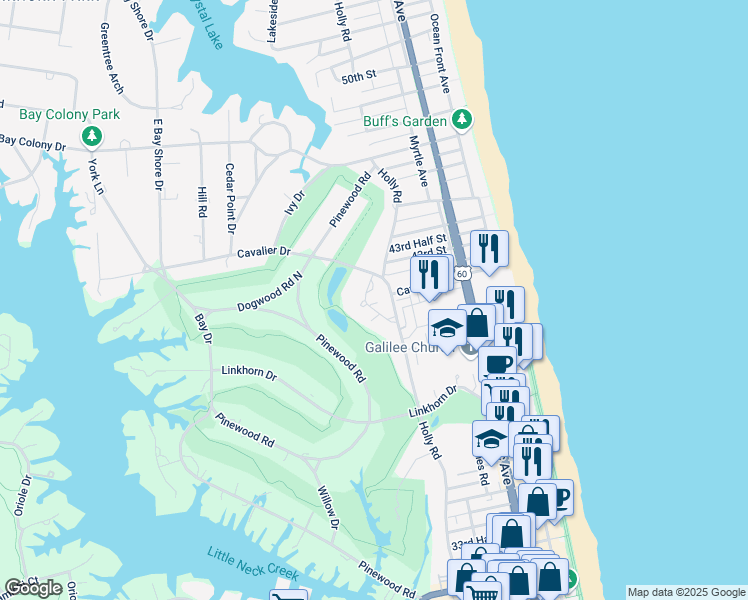 map of restaurants, bars, coffee shops, grocery stores, and more near 113 Holly Crescent in Virginia Beach