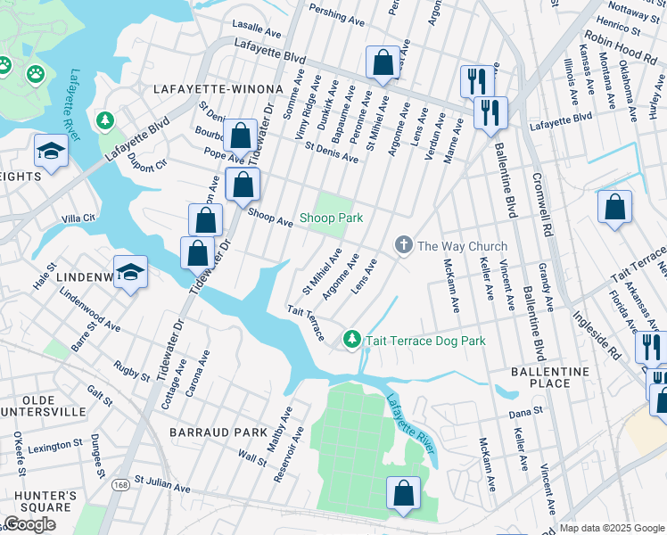 map of restaurants, bars, coffee shops, grocery stores, and more near 2725 Saint Mihiel Avenue in Norfolk