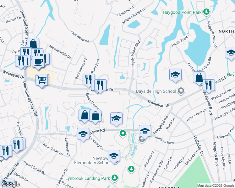 map of restaurants, bars, coffee shops, grocery stores, and more near 5321 Warminster Drive in Virginia Beach