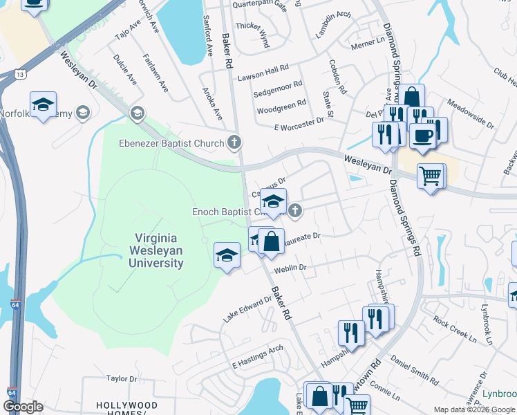 map of restaurants, bars, coffee shops, grocery stores, and more near 5687 Campus Drive in Virginia Beach