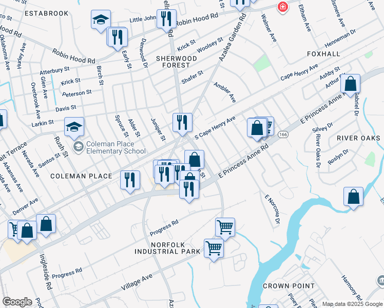 map of restaurants, bars, coffee shops, grocery stores, and more near 1573 Sewells Point Road in Norfolk