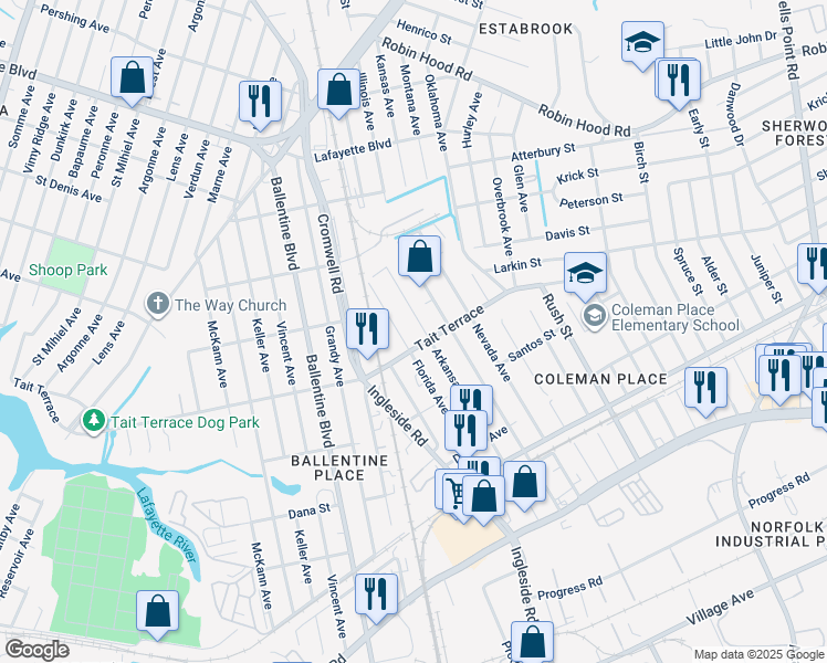 map of restaurants, bars, coffee shops, grocery stores, and more near 2609 Arkansas Avenue in Norfolk