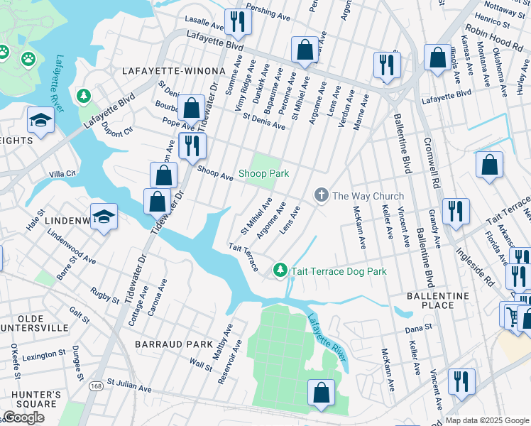map of restaurants, bars, coffee shops, grocery stores, and more near 2725 Saint Mihiel Avenue in Norfolk