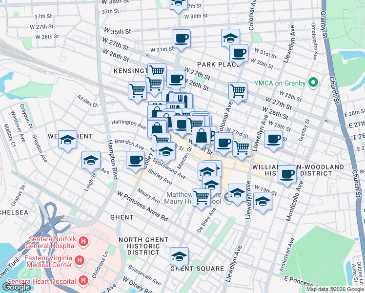 map of restaurants, bars, coffee shops, grocery stores, and more near in Norfolk