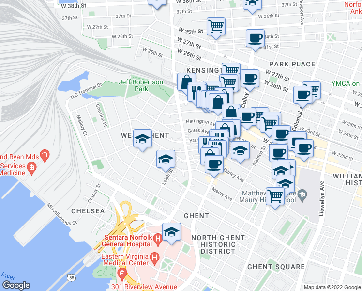 map of restaurants, bars, coffee shops, grocery stores, and more near 1702 Hampton Boulevard in Norfolk
